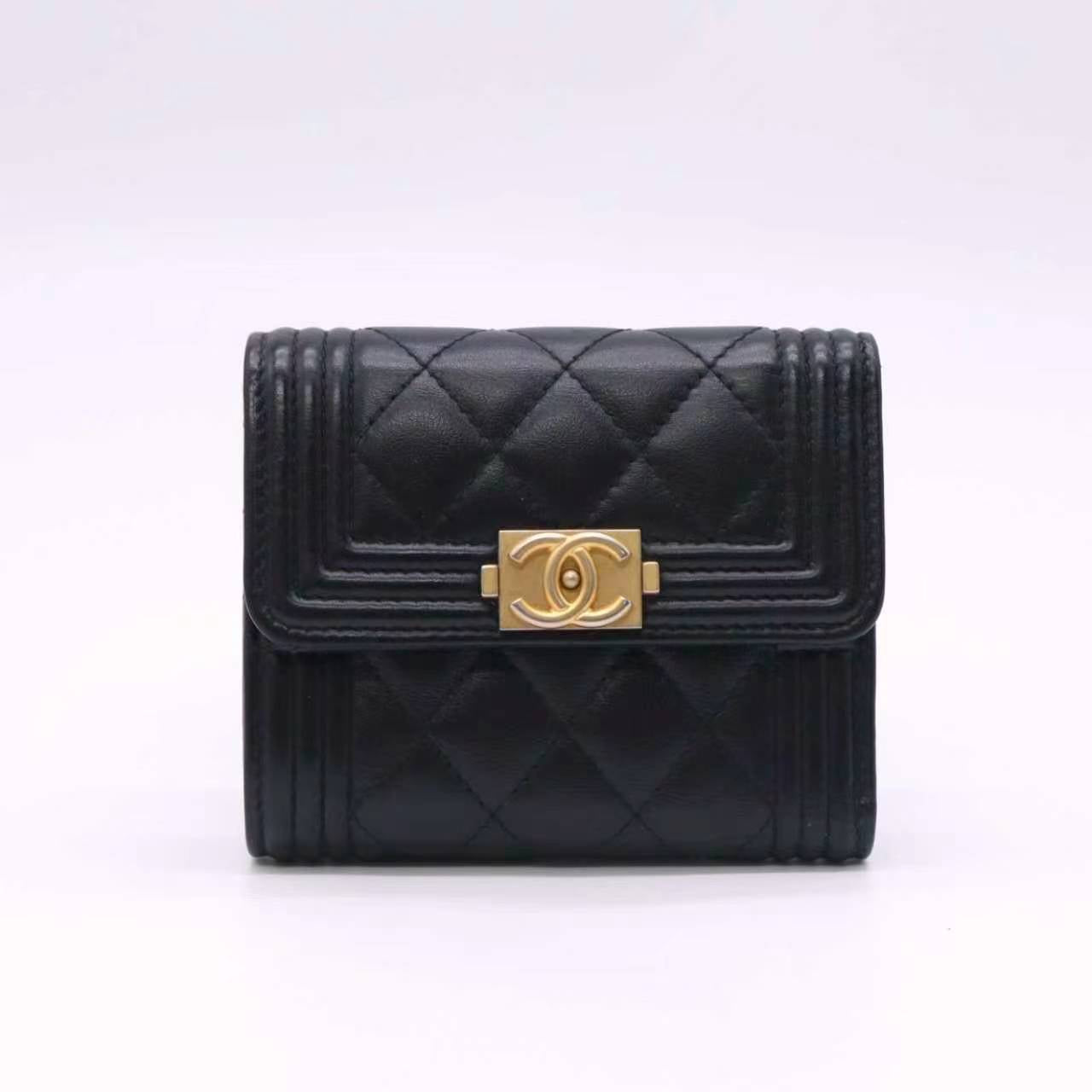 Chanel Boy Flap Card Holder Quilted Lambskin Gold-tone Black Gold Twins LDZ1139