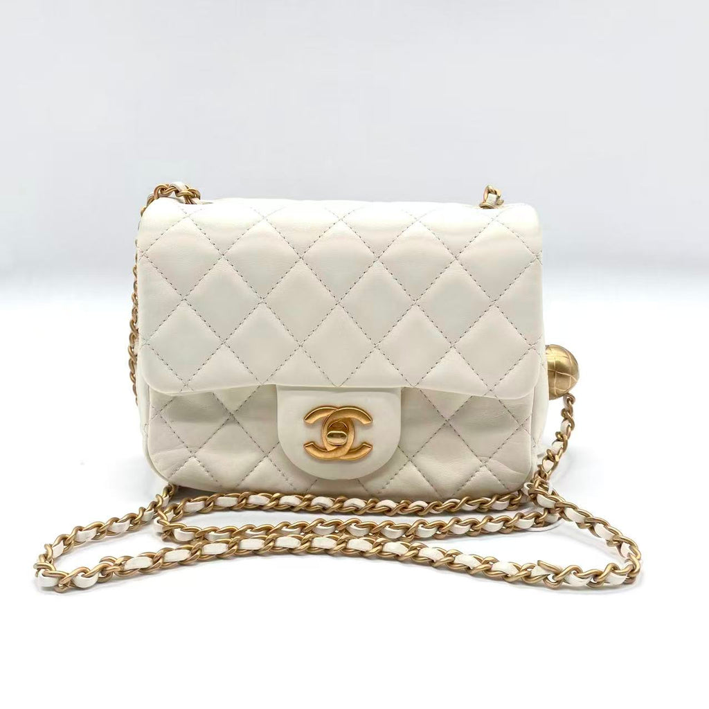 Lambskin Quilted Mini Pearl Crush Flap White