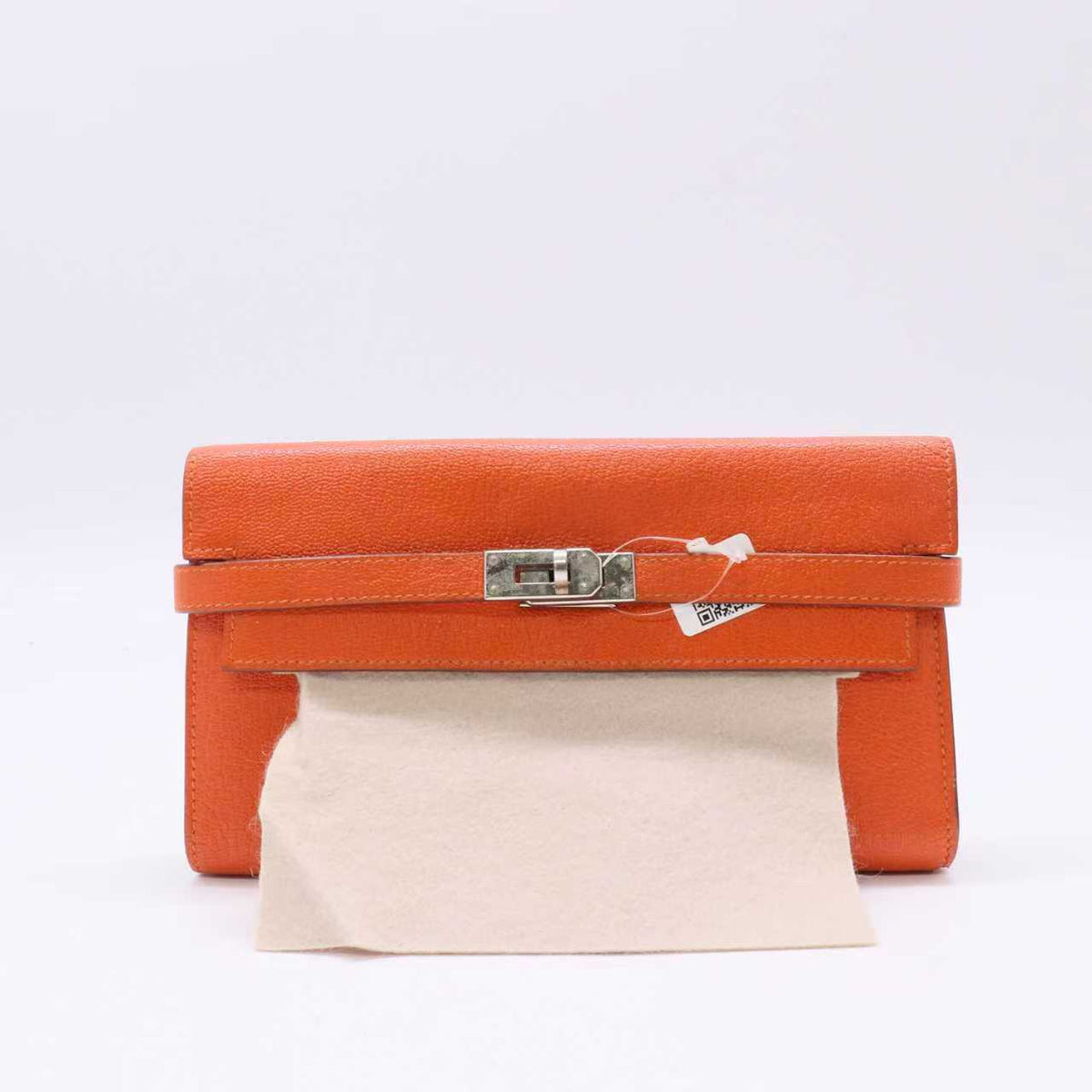 Hermes Orange Chevre Leather Palladium Plated Kelly Wallet Twins LDJ6220