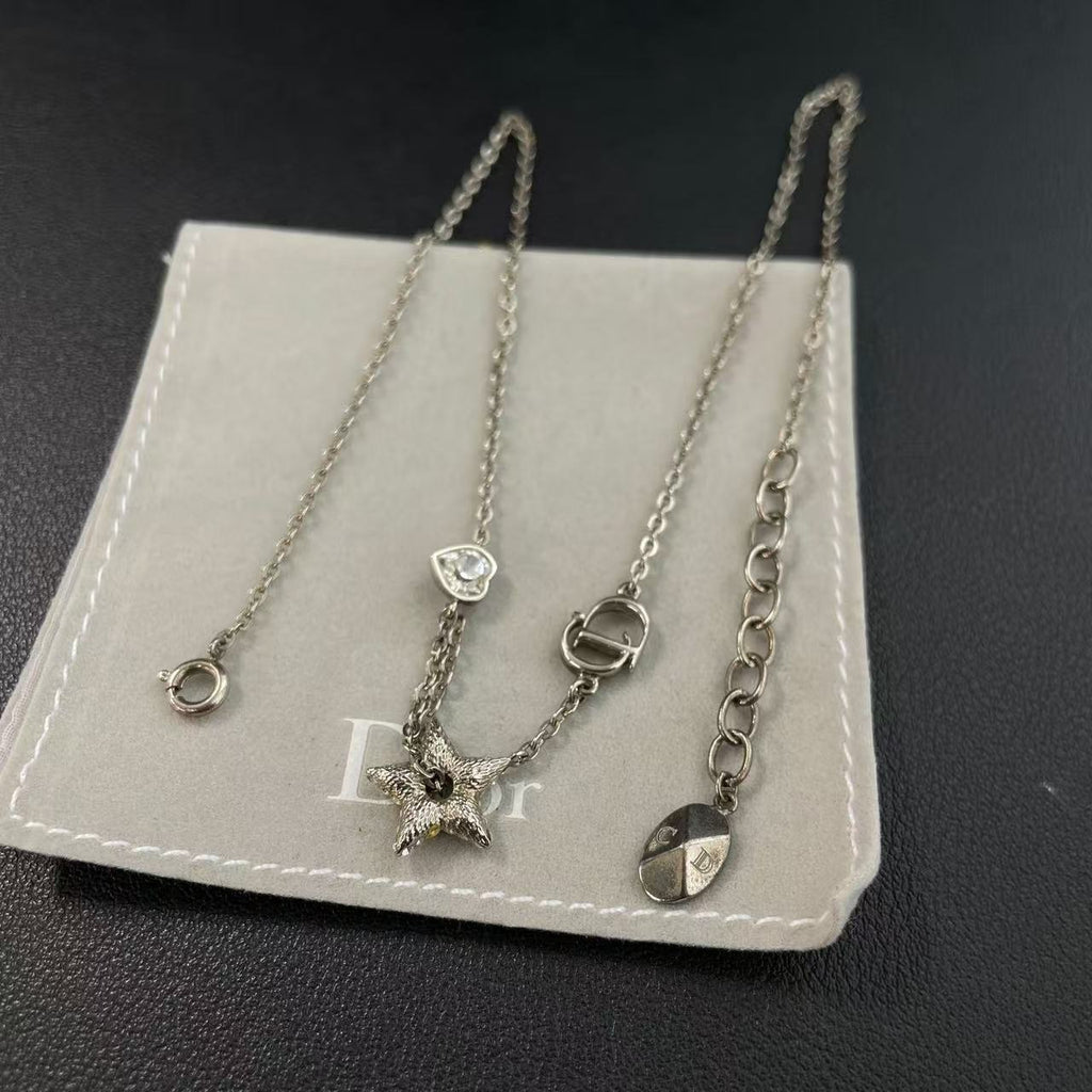 Christian Dior Crystal Petit CD Lucky Charms Necklace Silver Twins LDZ1268
