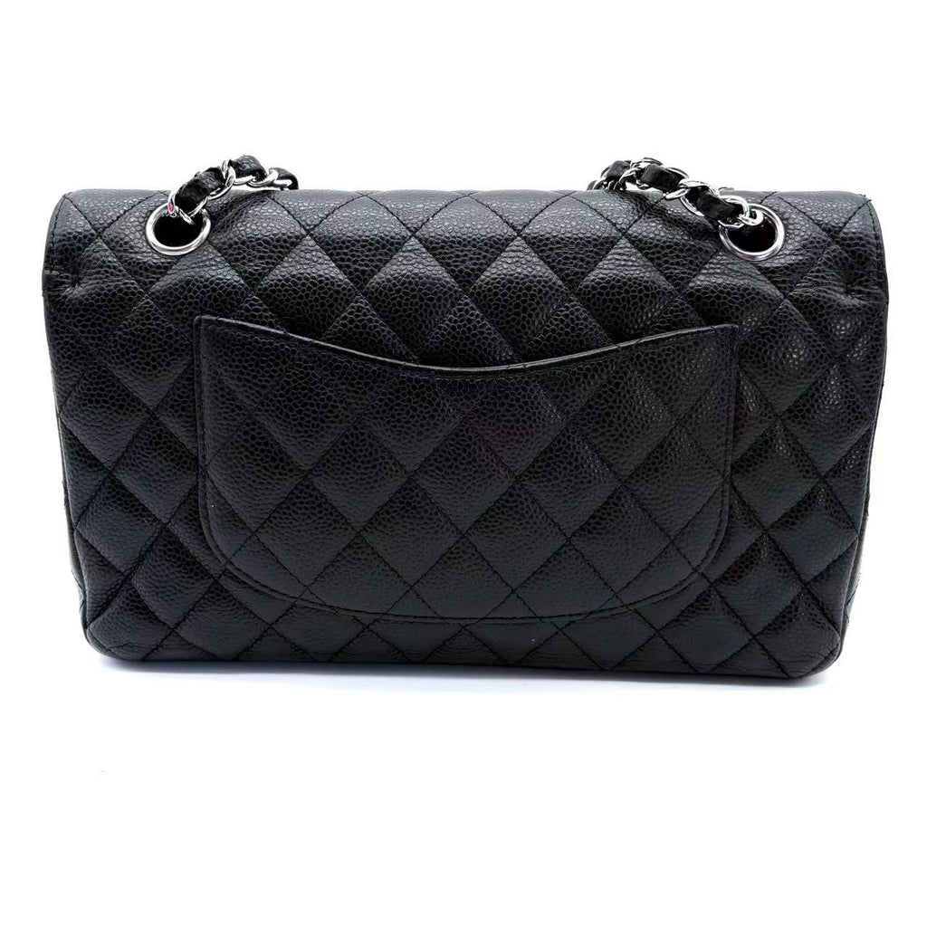 Black Quilted Caviar Medium Classic Double Flap Silver Hardware