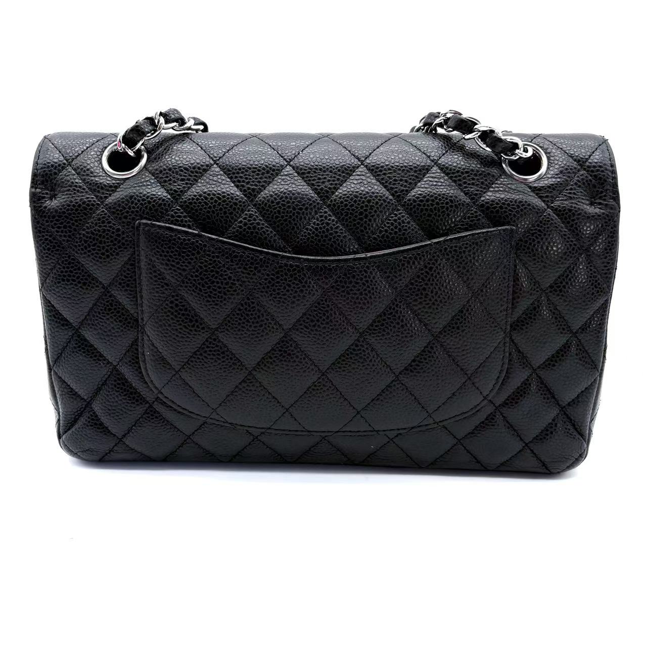 Black Quilted Caviar Medium Classic Double Flap Silver Hardware