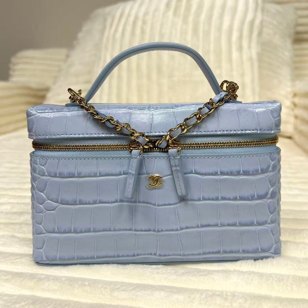 2026 Calfskin Slim Vanity Case With Chain Light Blue