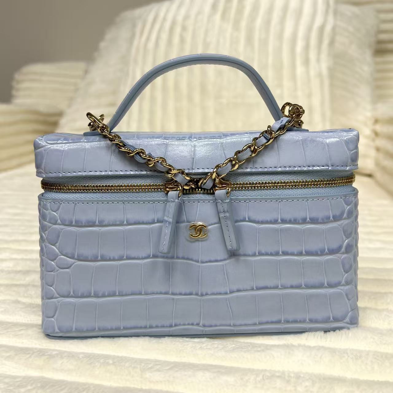 2026 Calfskin Slim Vanity Case With Chain Light Blue