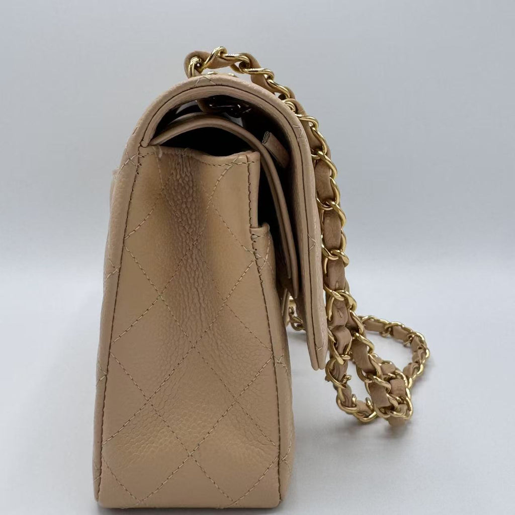 Caviar Quilted  Double Flap Beige Medium