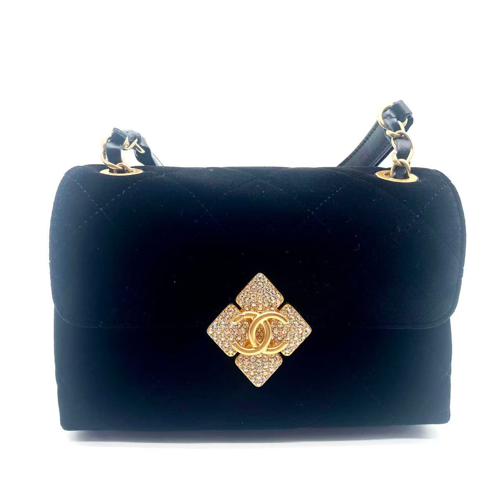 Diamond Lock CC Flap Bag Quilted Velvet with Crystals Mini