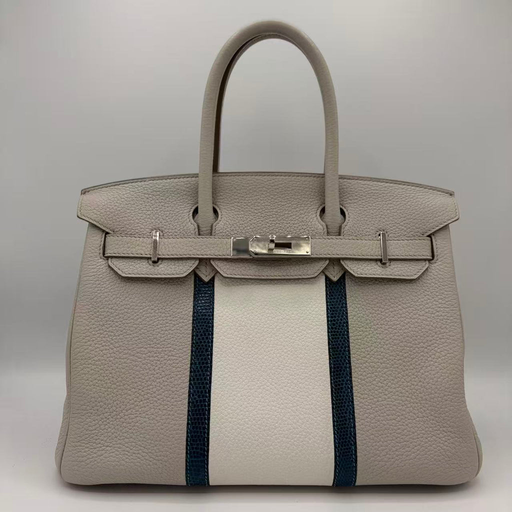 Club Birkin Bag White Clemence and Lizard in Gris Perle with Palladium Hardware 30