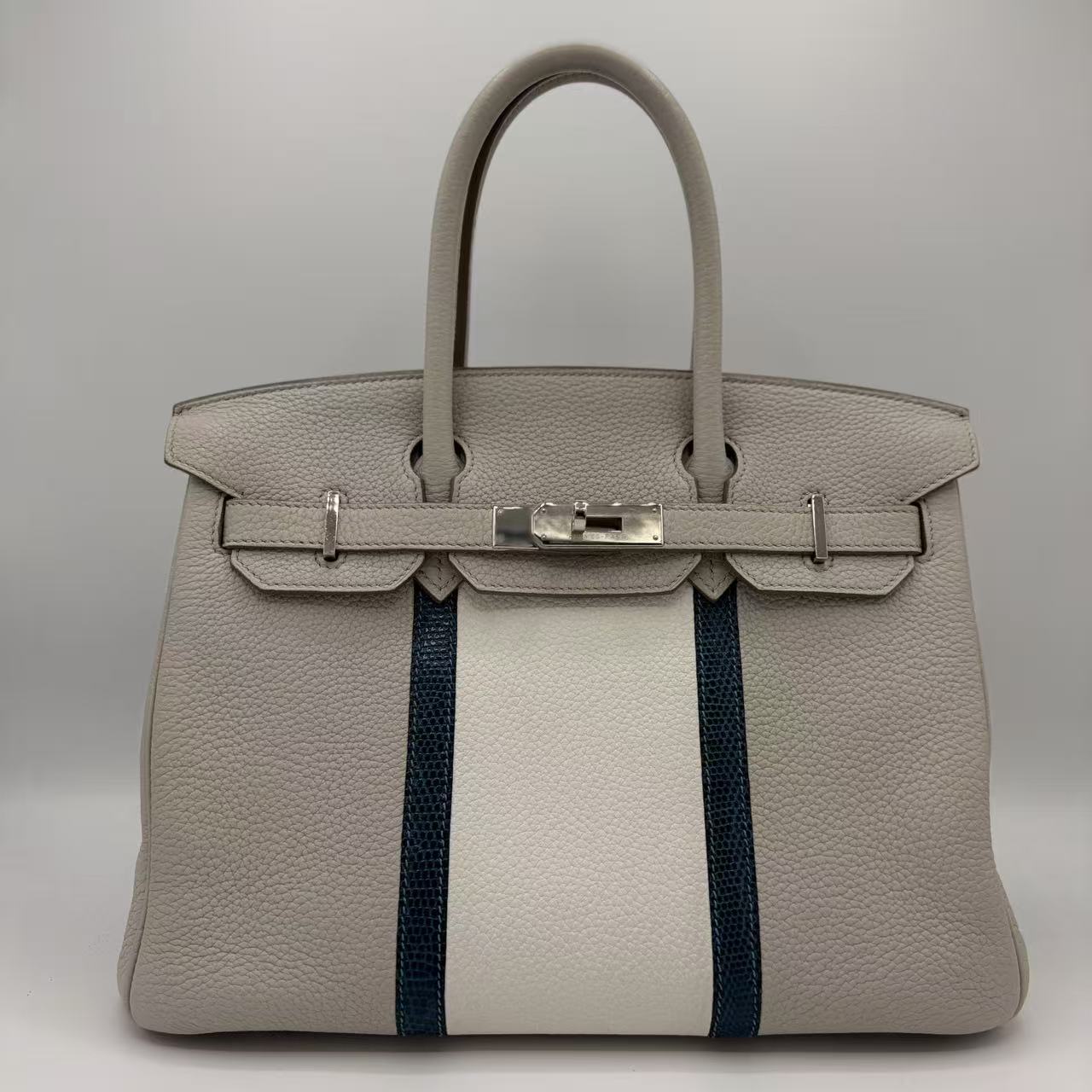 Club Birkin Bag White Clemence and Lizard in Gris Perle with Palladium Hardware 30