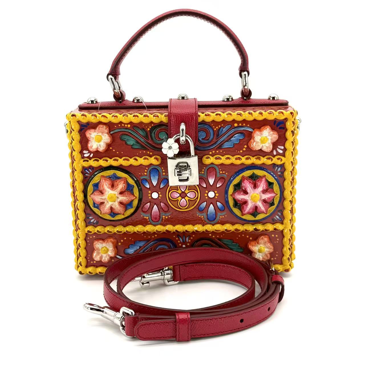 Top Handle Box bag in hand-painted wood