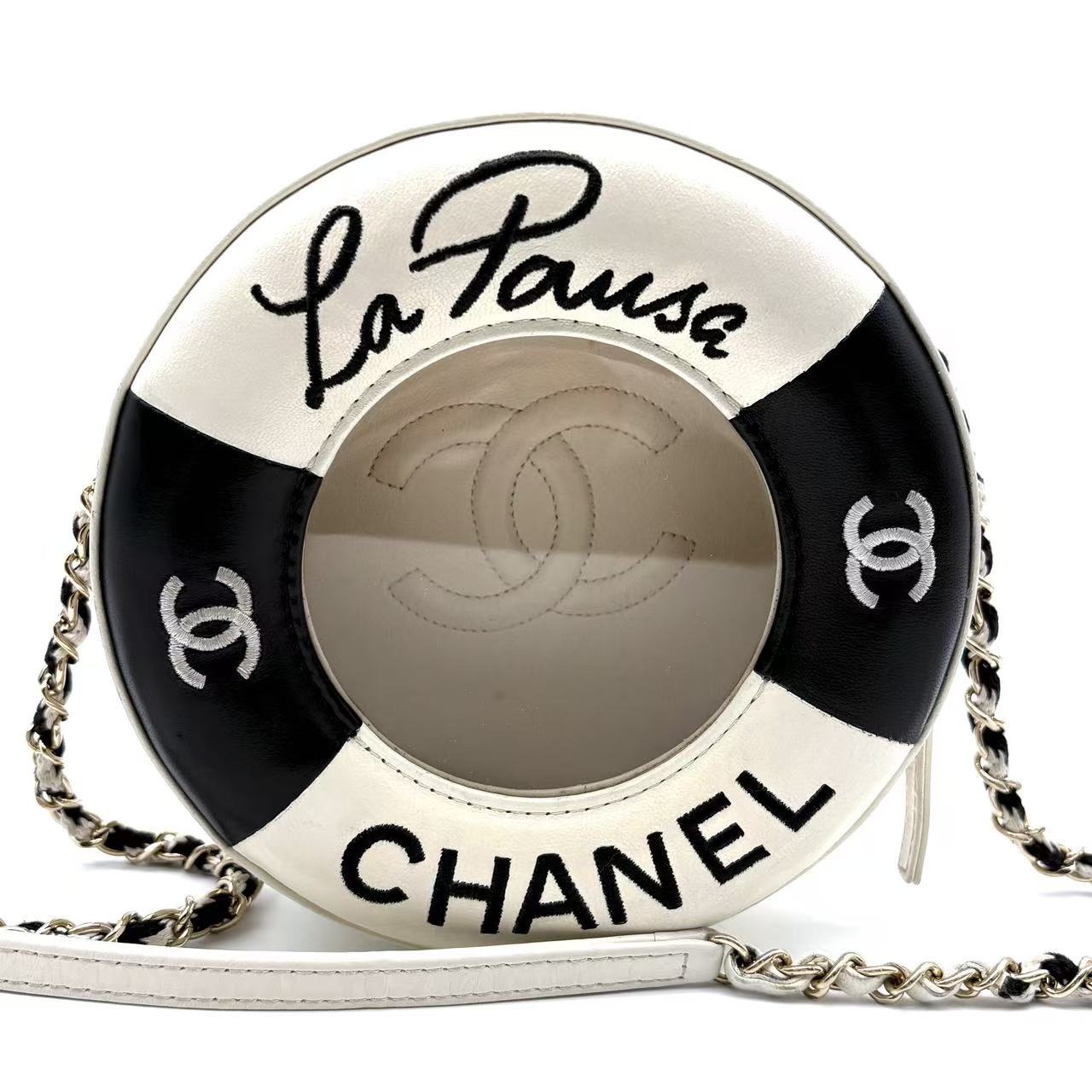 Lambskin Coco Lifesaver Round Bag Black White