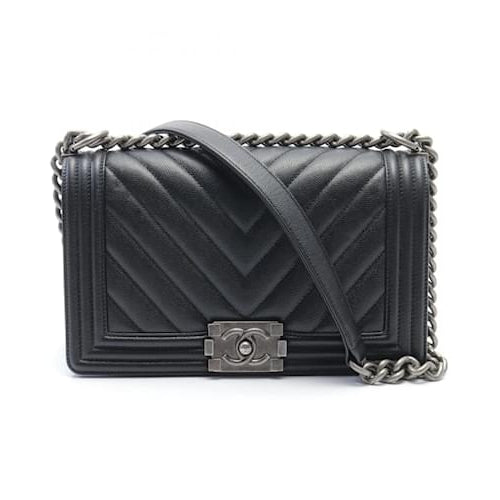 Boy Chanel Chevron V-Stitch Shoulder Bag Black twins