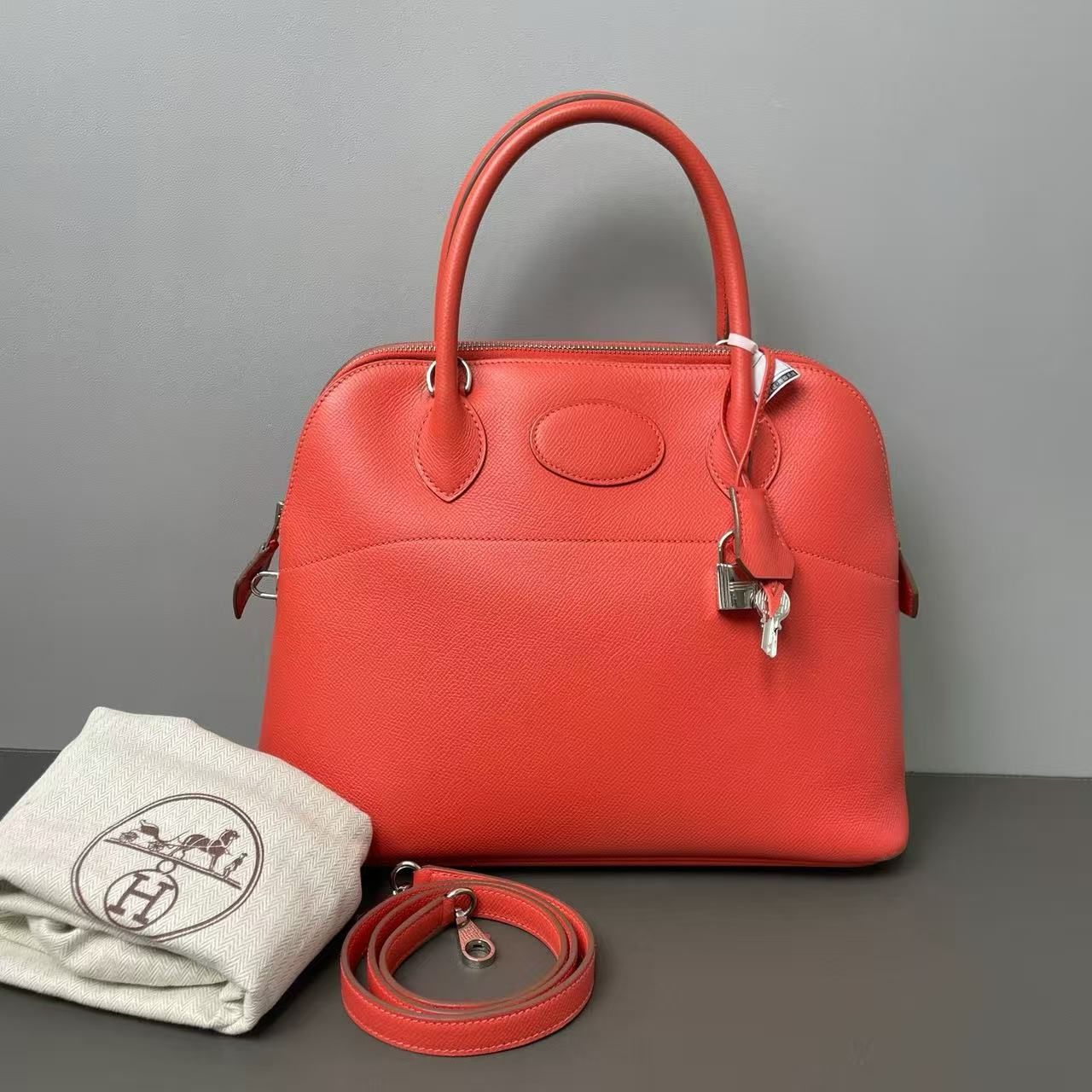 Hermes 27cm Rose Jaipur Epsom Leather Palladium Plated Bolide Bag twins LDZ964