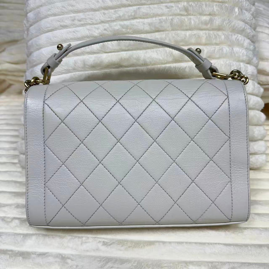 Grained Calfskin Quilted Large Label Click Flap Bag Black