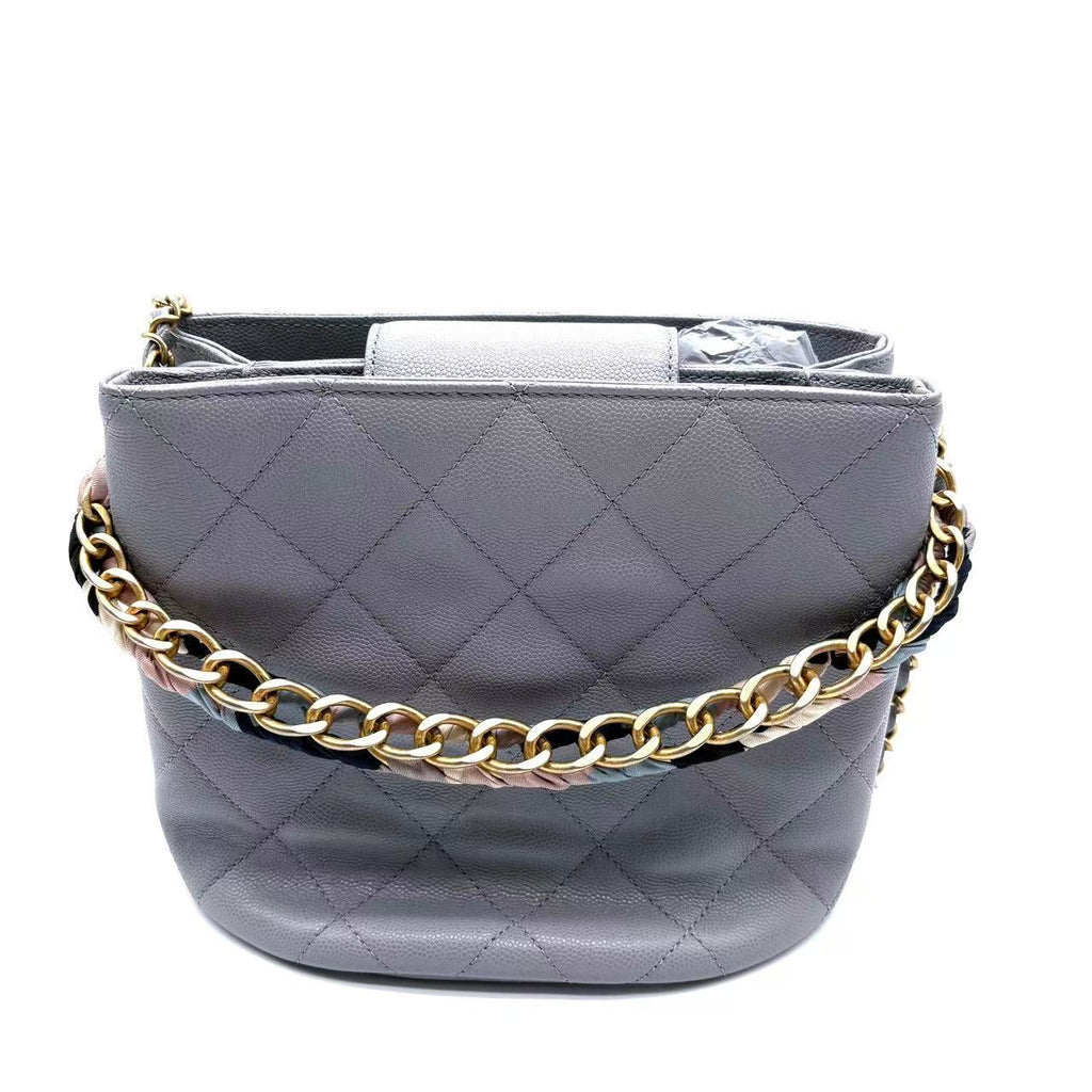 Entwined Chain Top Handle Drawstring Bucket Bag Quilted Shiny Lambskin Small