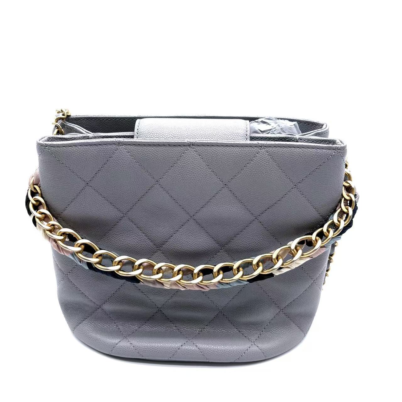 Entwined Chain Top Handle Drawstring Bucket Bag Quilted Shiny Lambskin Small