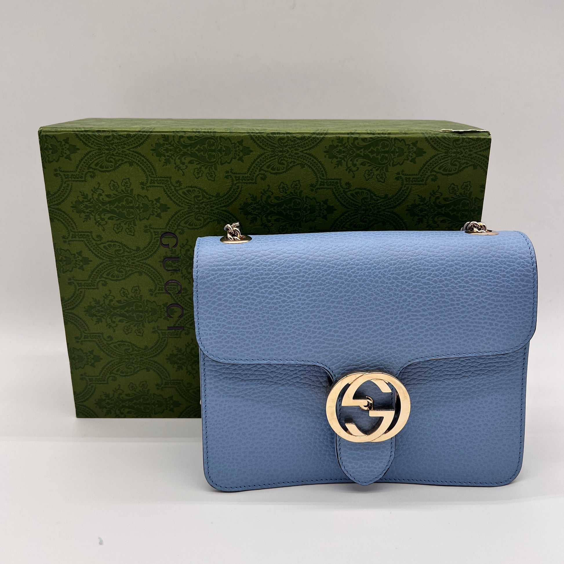 Mineral Blue Dollar Calfskin Small Interlocking G Shoulder Bag
