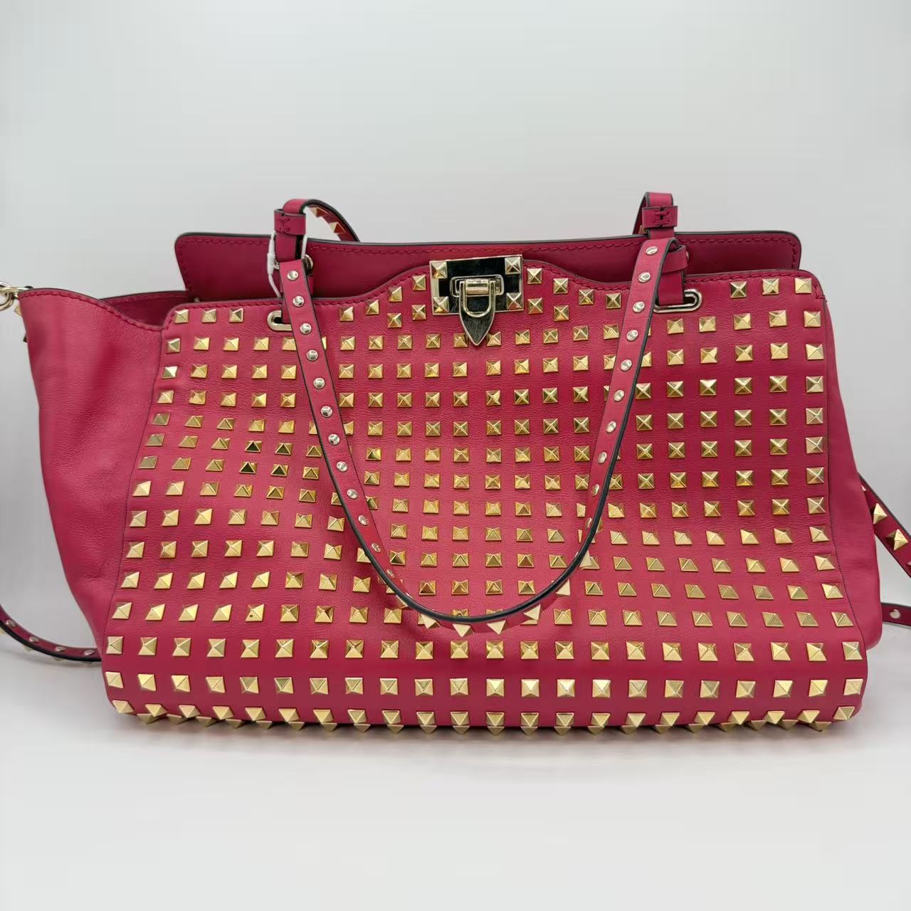 Pink Leather Rockstud All Over Trapeze Tote Bag