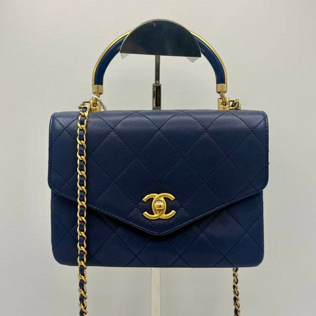 Blue Quilted Calfskin Leather Metal Top Handle Envelope Flap