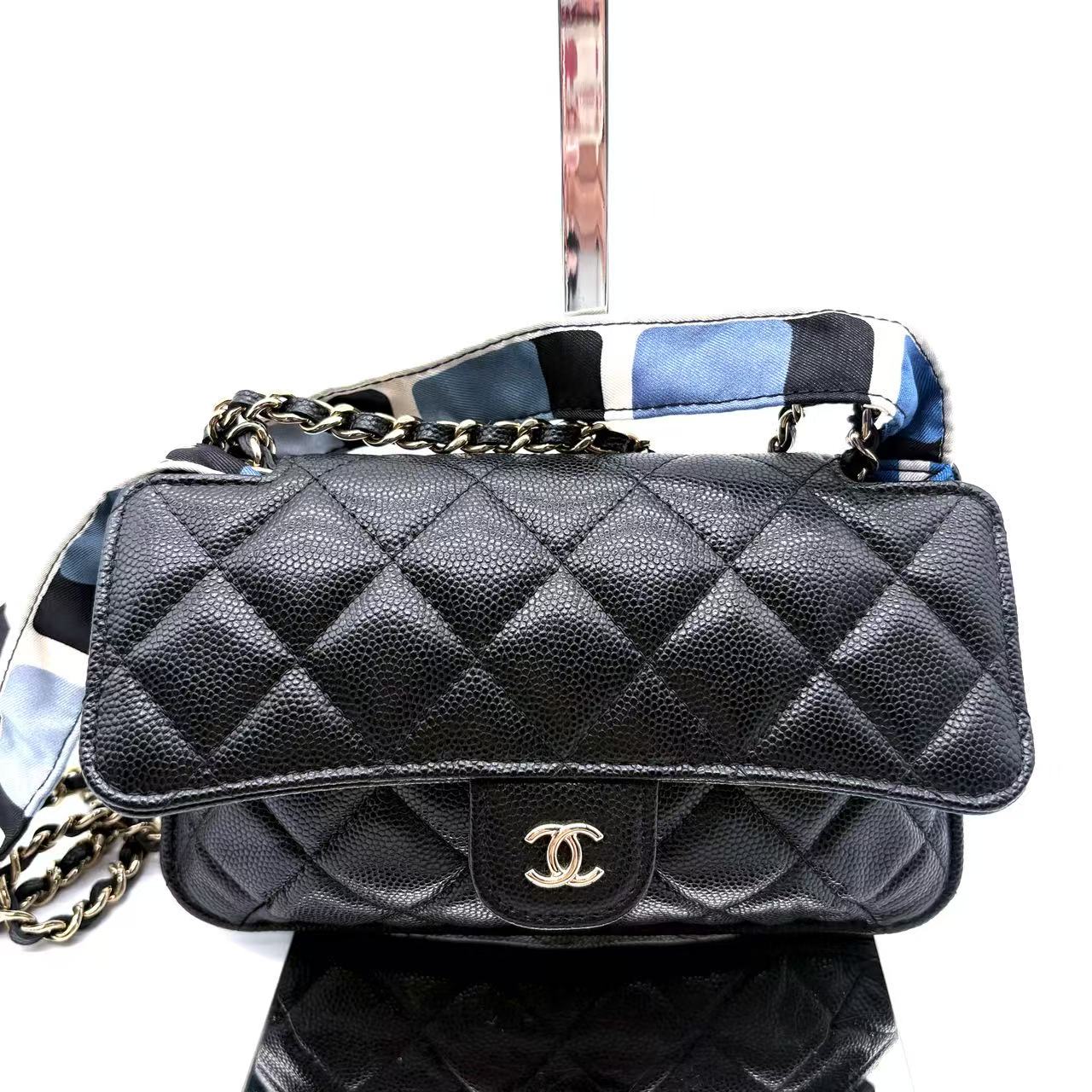 Caviar Fabric Foldable Tote Bag With Chain Black Multicolor