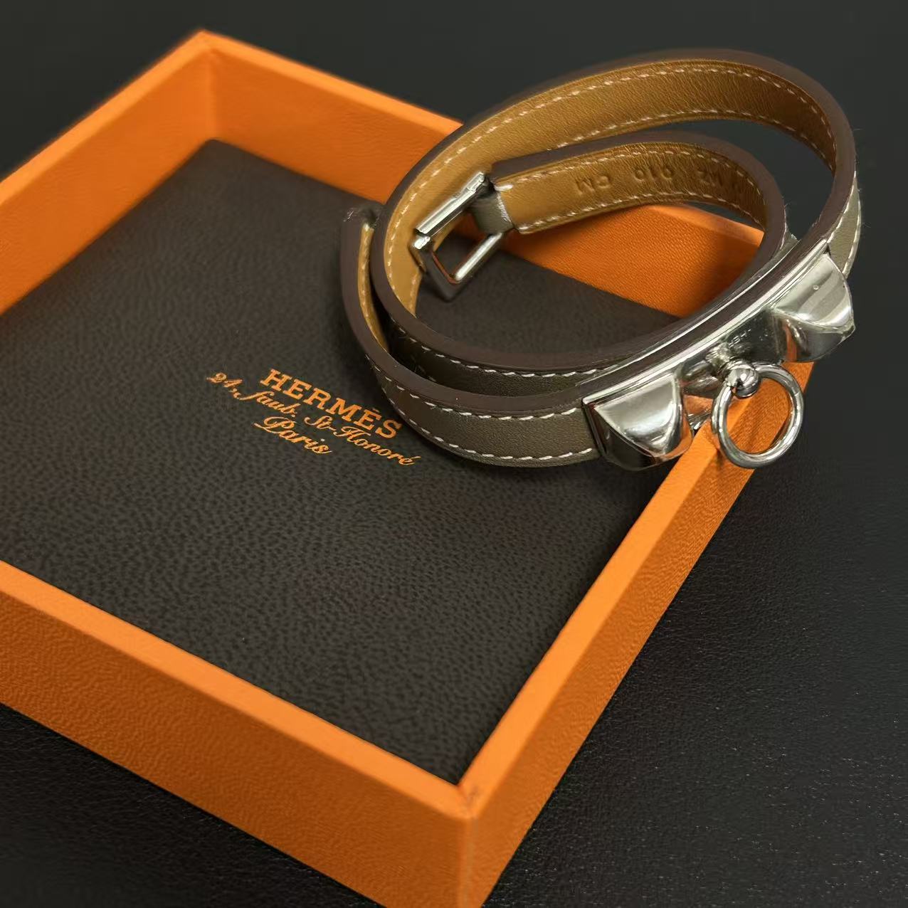 Hermes Etoupe Swift Leather Palladium Plated Rivale Double Tour Bracelet Size S twins LDZ240