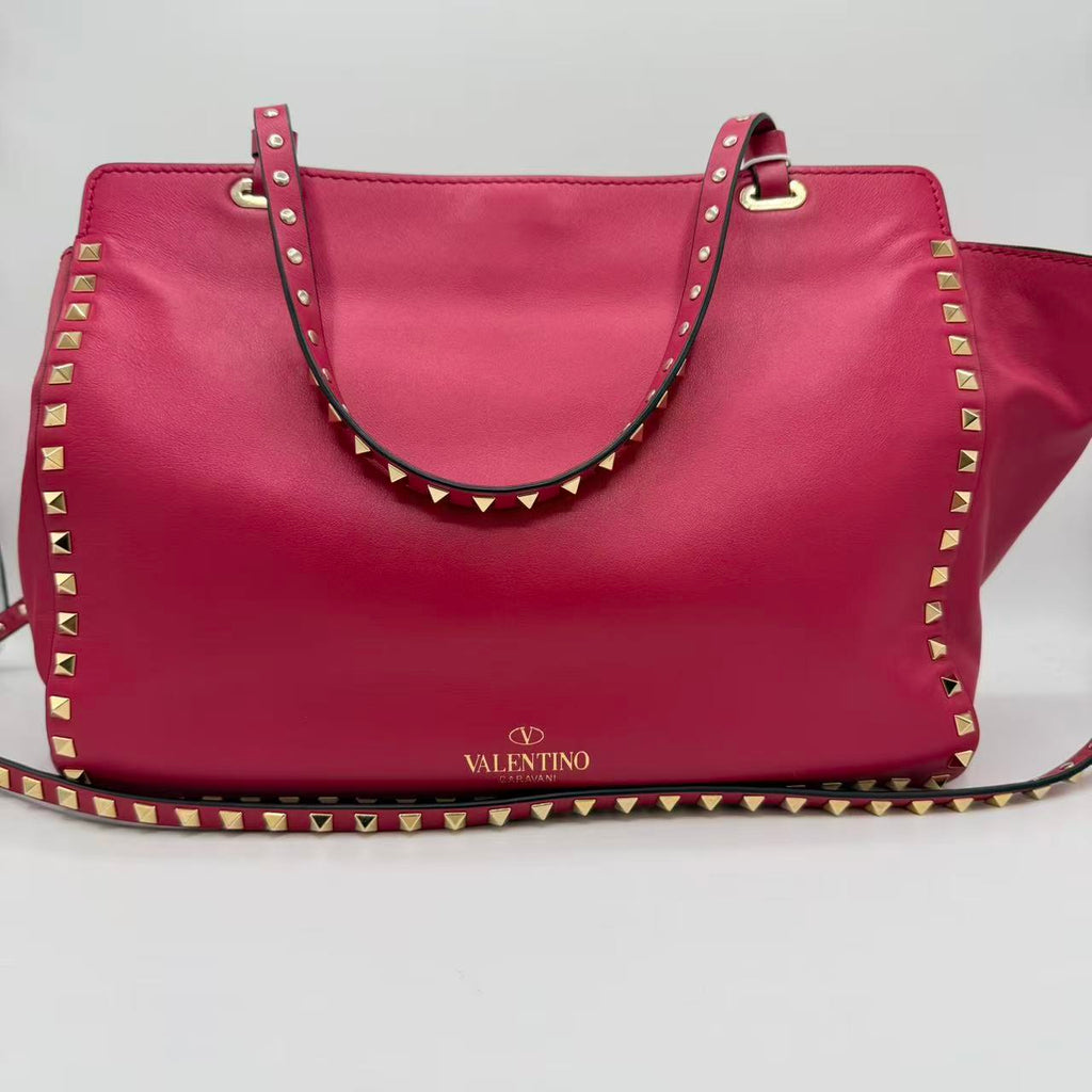 Pink Leather Rockstud All Over Trapeze Tote Bag