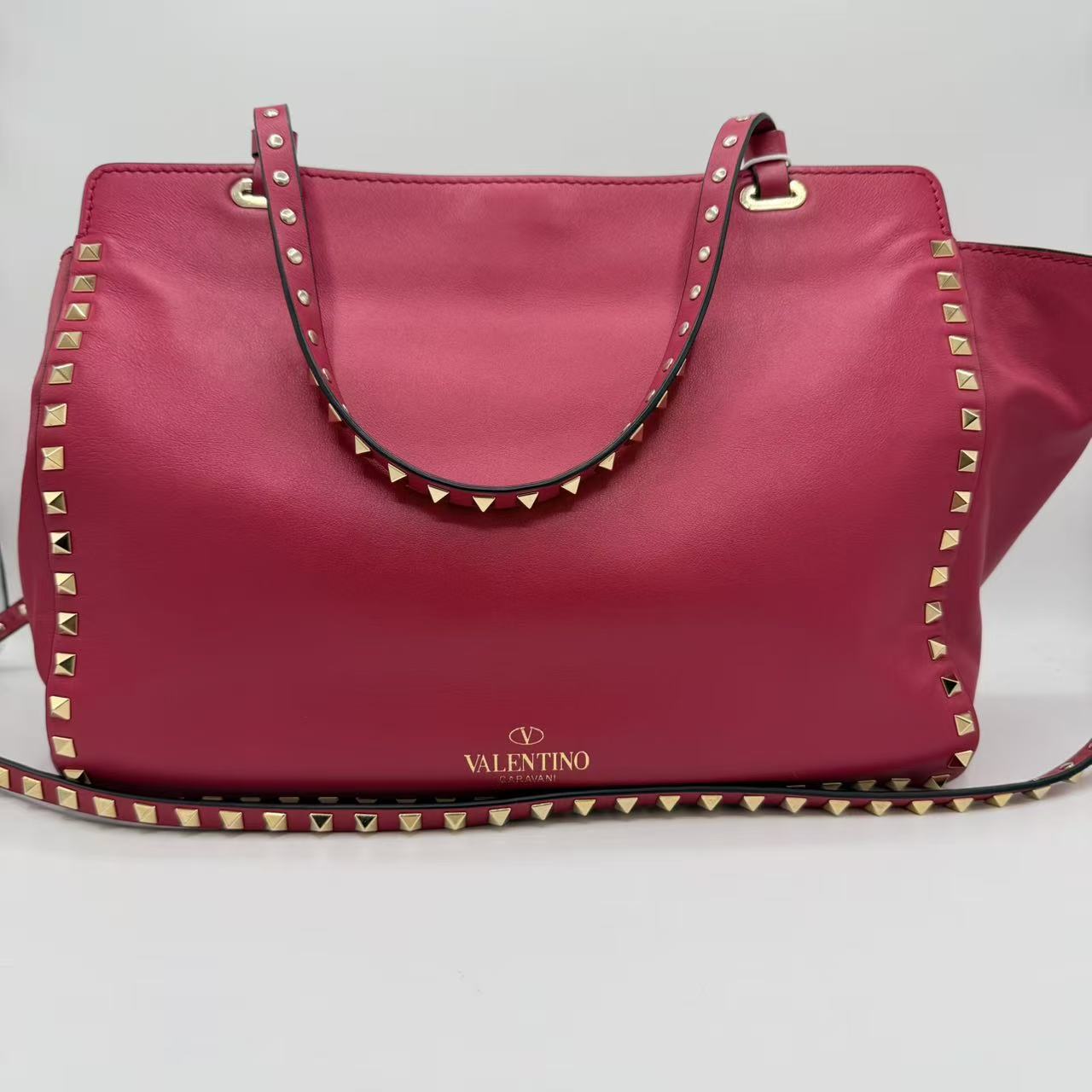 Pink Leather Rockstud All Over Trapeze Tote Bag