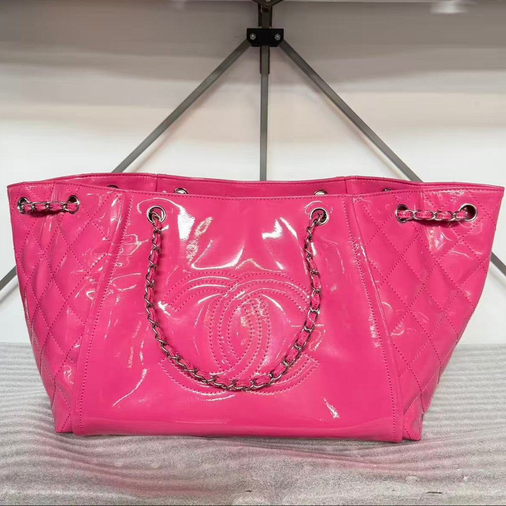 Chanel Pink Patent Vinyl Lipstick Ligne Large Accordion Tote Bag  twins B21576