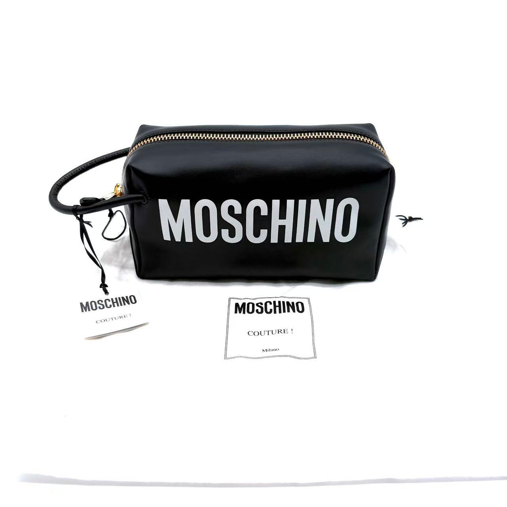 Moschino Black Logo Print Leather Travel Bag