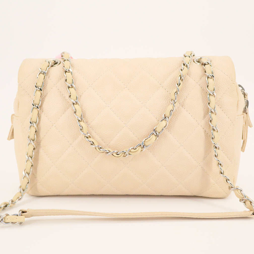 Beige Quilted Caviar Easy Flap Bag Silver Hardware twins