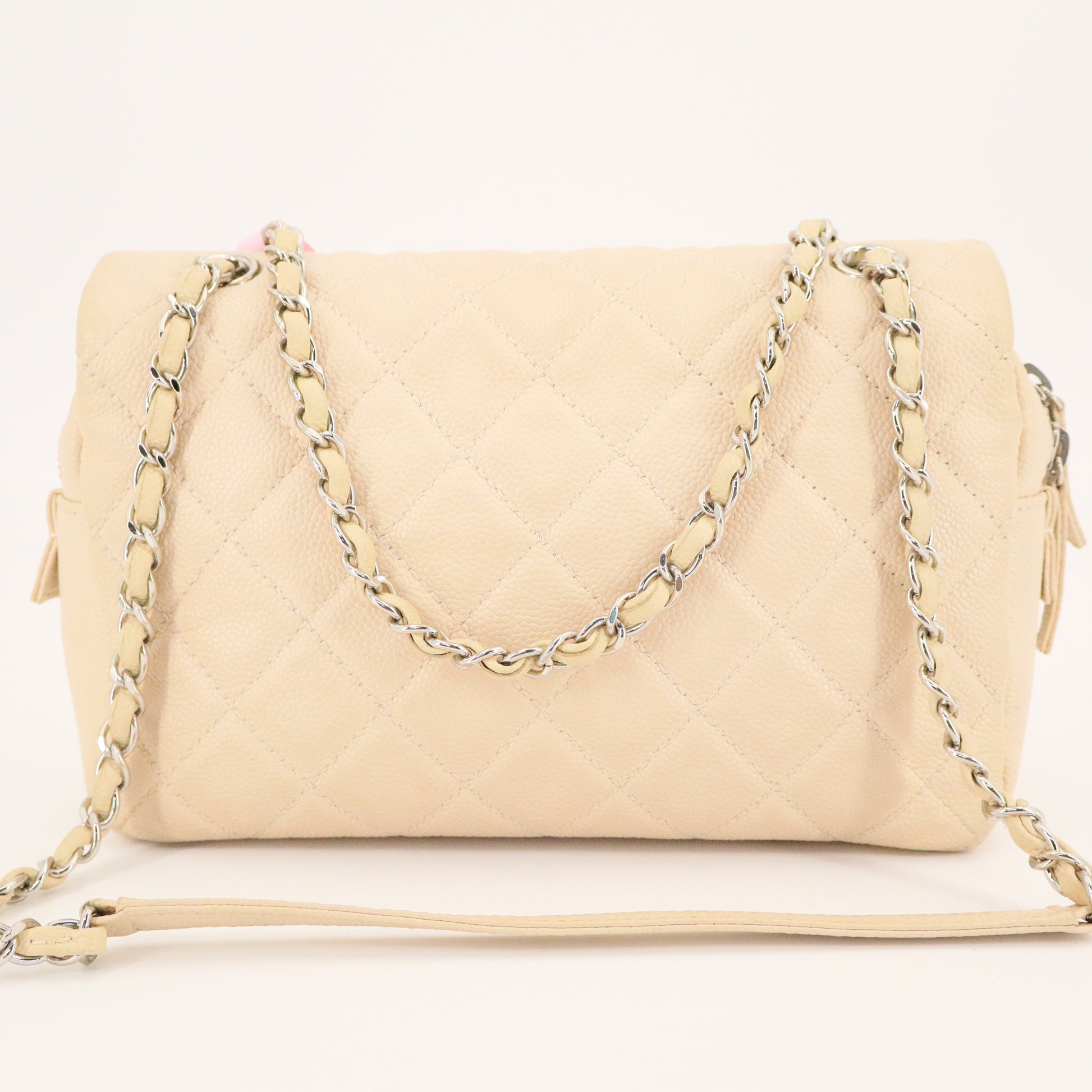 Beige Quilted Caviar Easy Flap Bag Silver Hardware twins