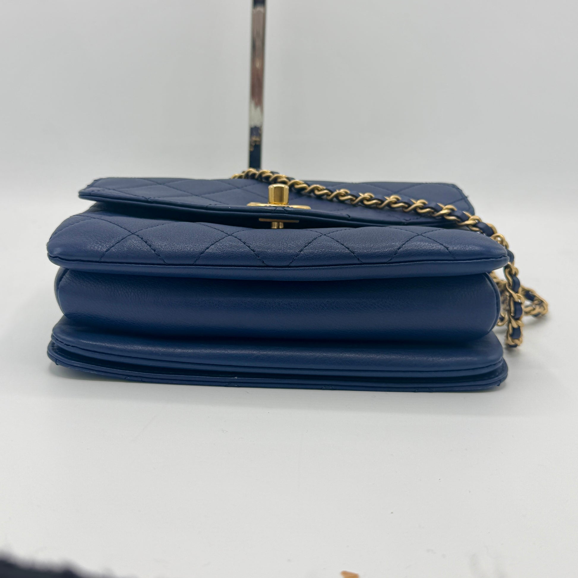 Blue Quilted Calfskin Leather Metal Top Handle Envelope Flap