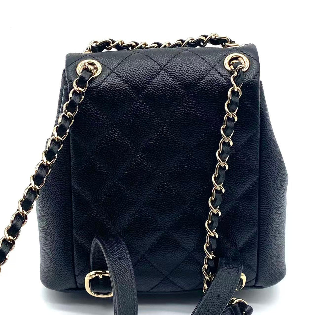 Shiny Caviar Quilted Small Duma Pockets Drawstring Backpack Black