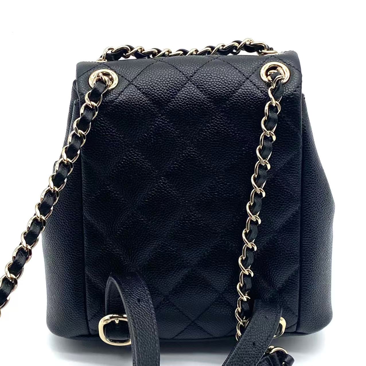 Shiny Caviar Quilted Small Duma Pockets Drawstring Backpack Black