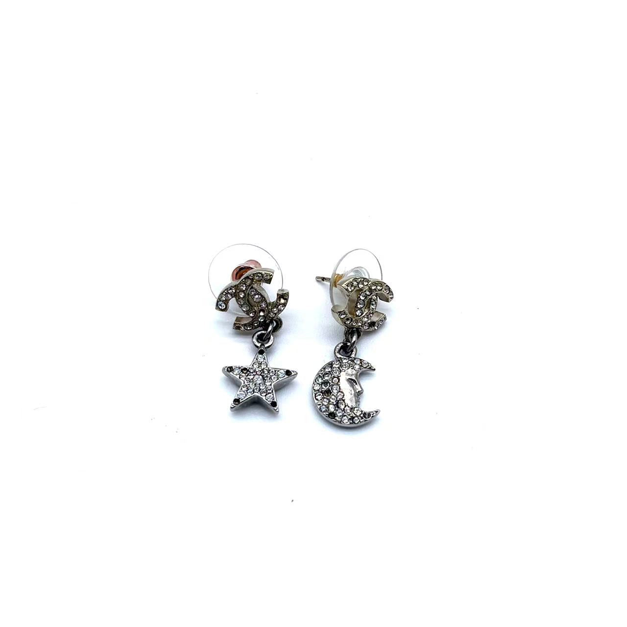 Ruthenium Crystal CC Star Moon Earrings Grey Gold