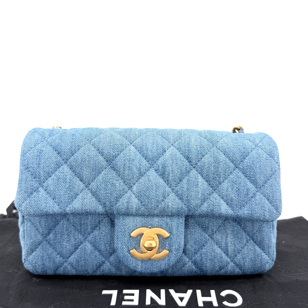 Denim Quilted Mini Pearl Crush Rectangular Flap Blue