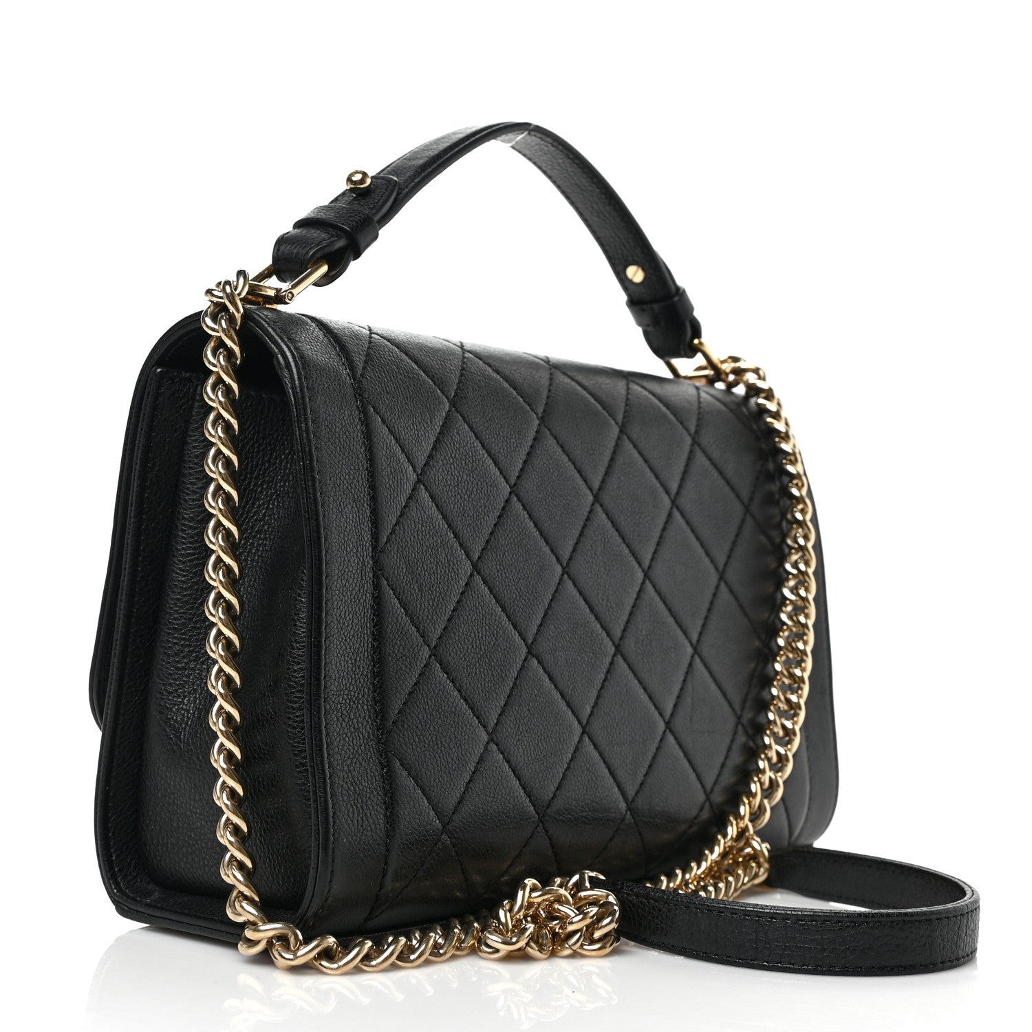 Grained Calfskin Quilted Medium Label Click Flap Bag Black twins