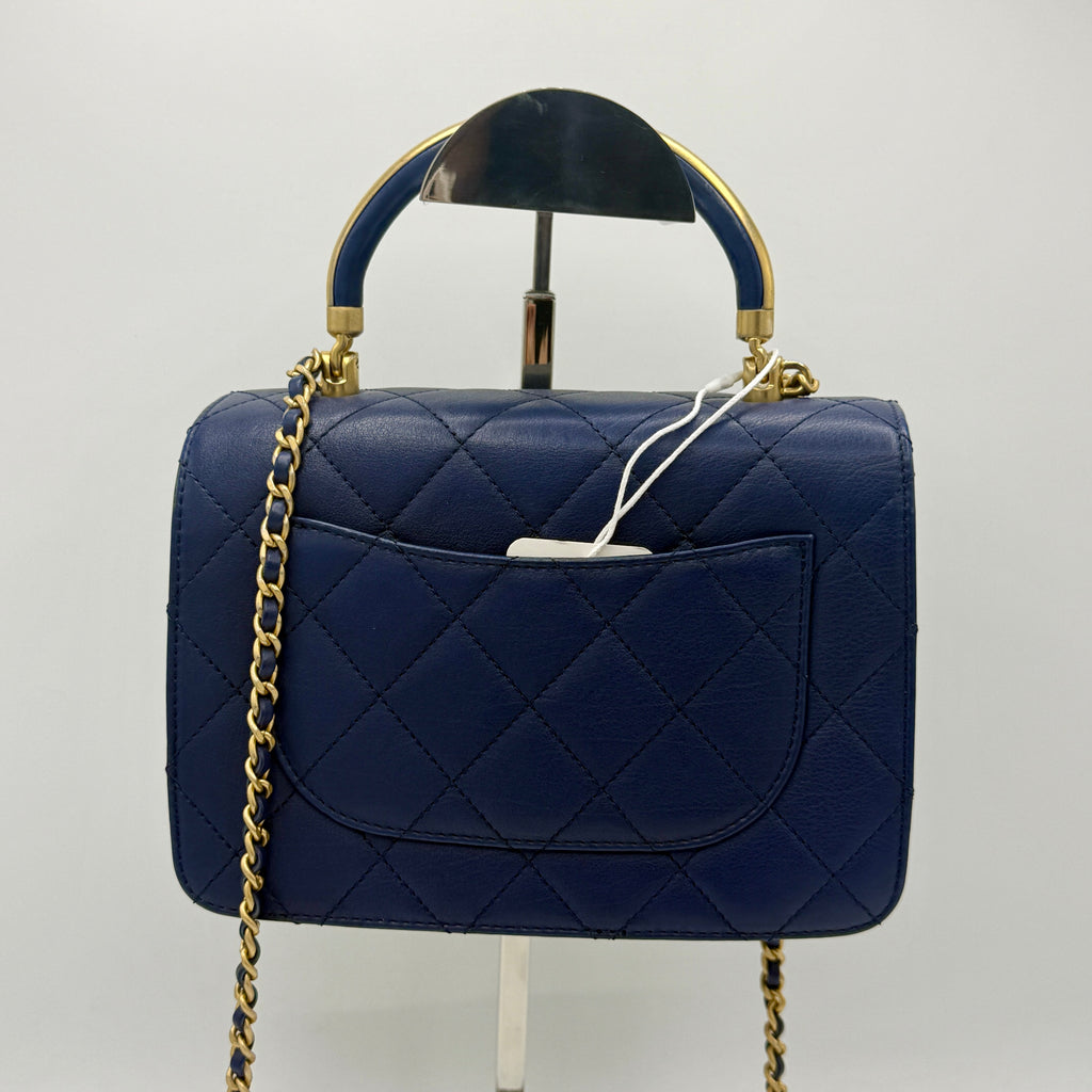 Blue Quilted Calfskin Leather Metal Top Handle Envelope Flap