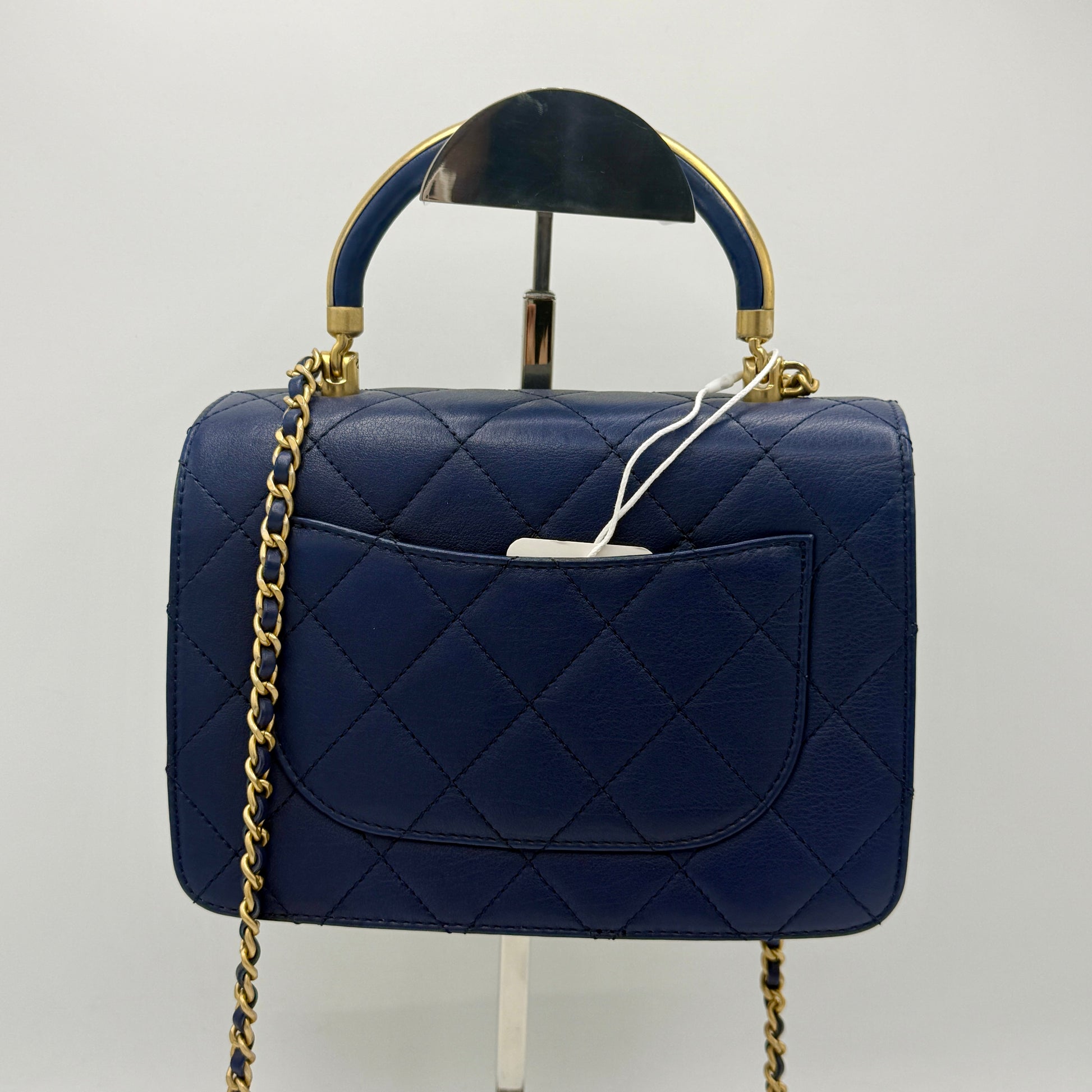 Blue Quilted Calfskin Leather Metal Top Handle Envelope Flap
