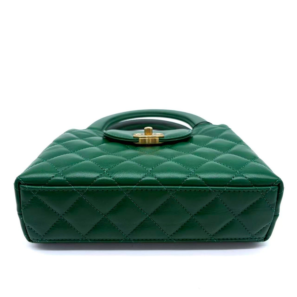 Shiny Aged Calfskin Quilted Nano Kelly Shopper Green