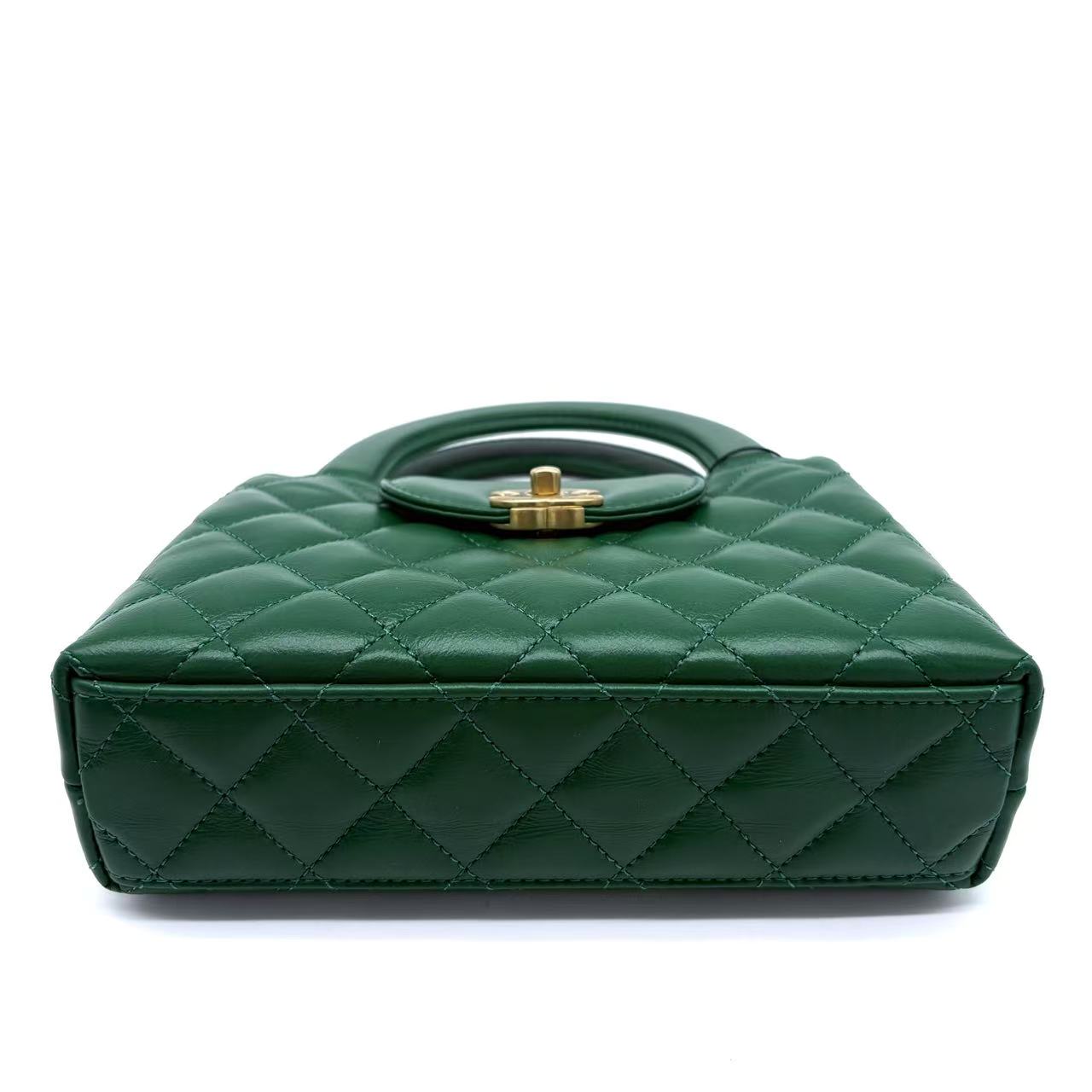 Shiny Aged Calfskin Quilted Nano Kelly Shopper Green