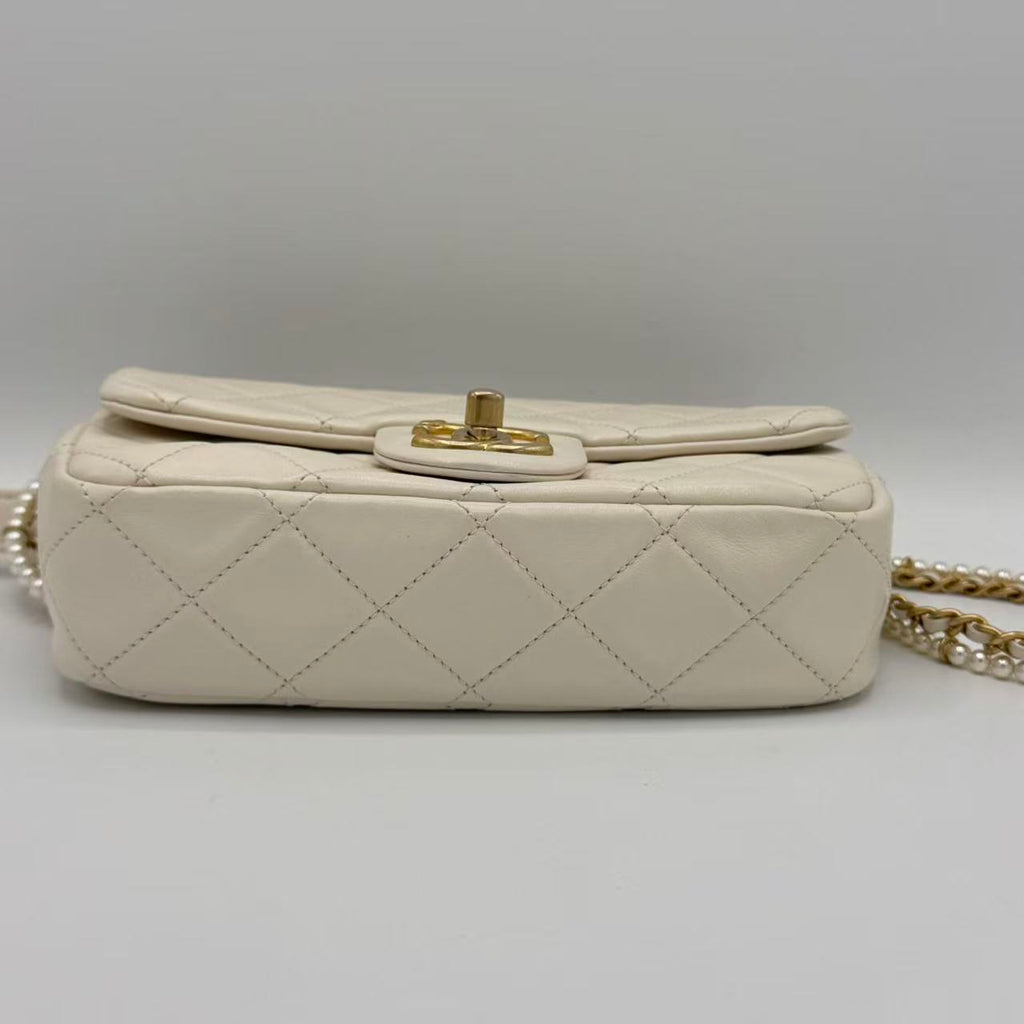 Calfskin Quilted Mini Crystal Pearls Rectangular Flap White