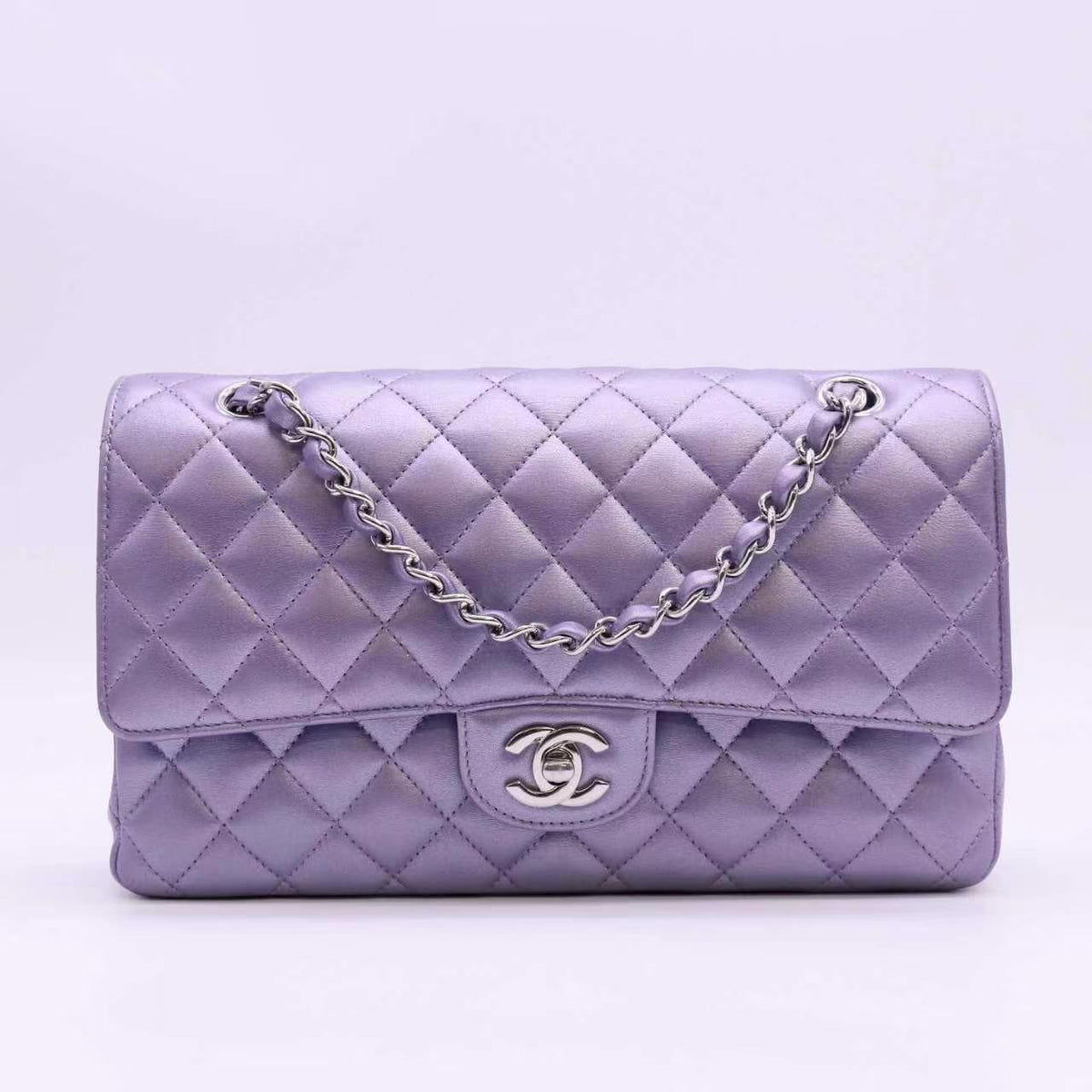 Chanel Metallic Lambskin Quilted Medium Double Flap Purple twins LDZ1603