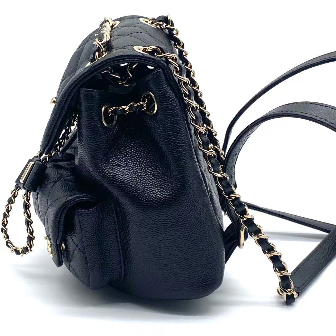 Shiny Caviar Quilted Small Duma Pockets Drawstring Backpack Black
