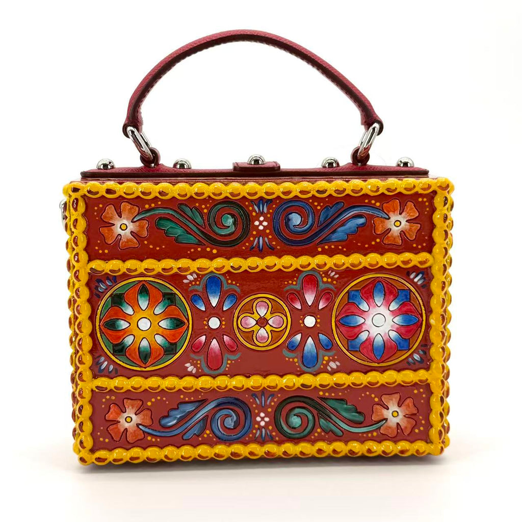 Top Handle Box bag in hand-painted wood