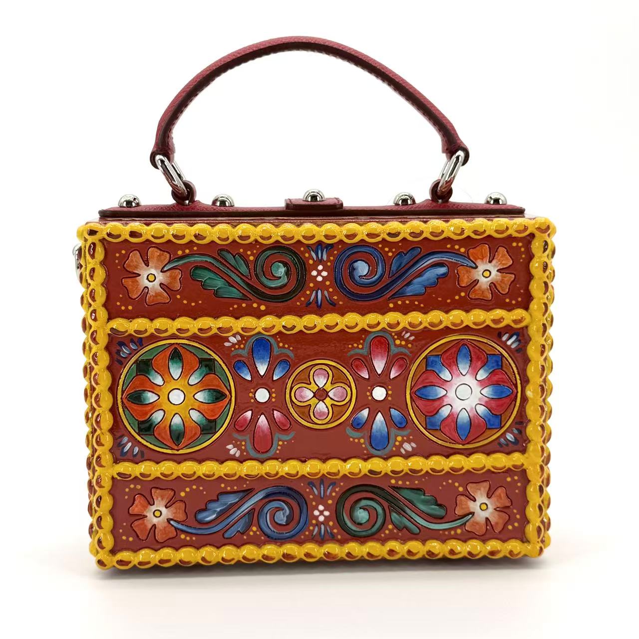 Top Handle Box bag in hand-painted wood