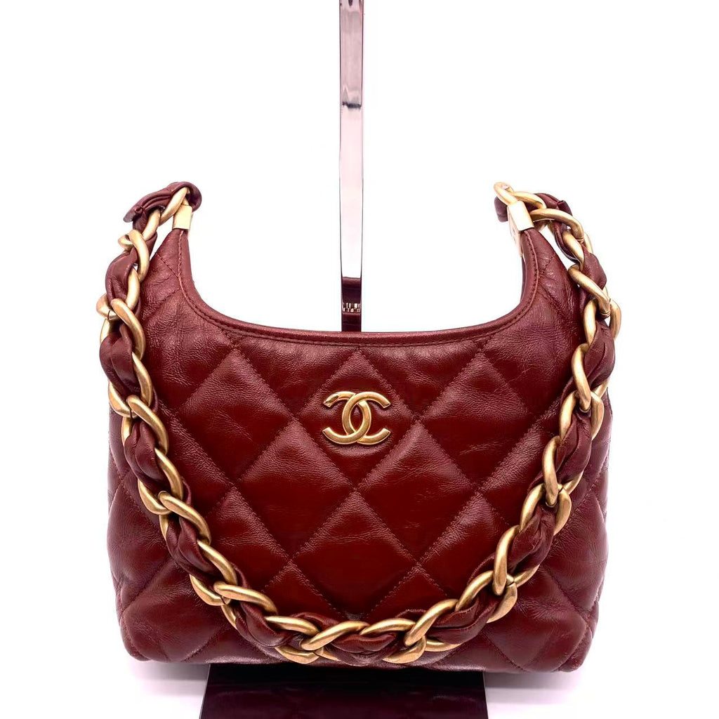 Shiny Crumpled Lambskin Quilted Small CC Funky Town Hobo Brown