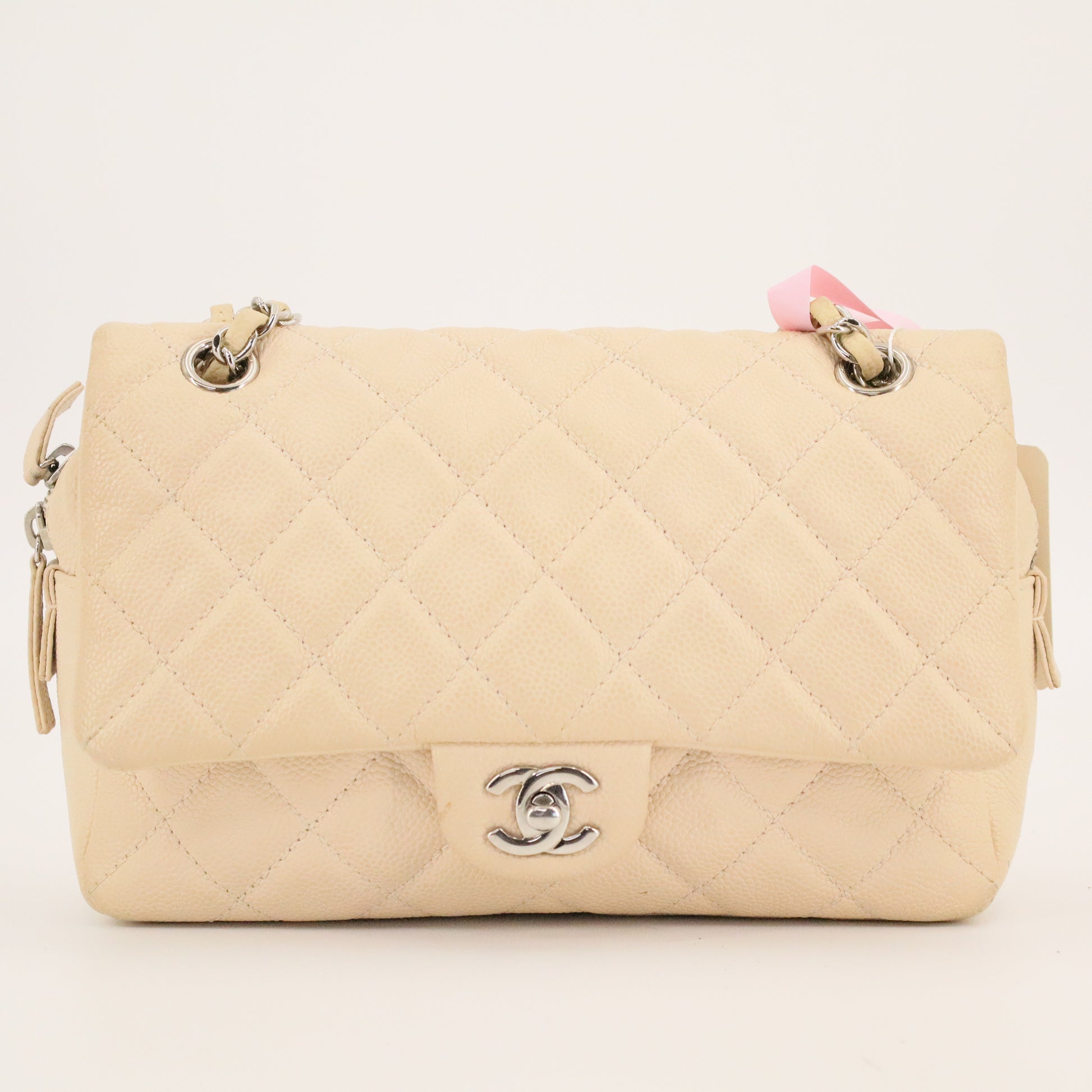 Beige Quilted Caviar Easy Flap Bag Silver Hardware twins