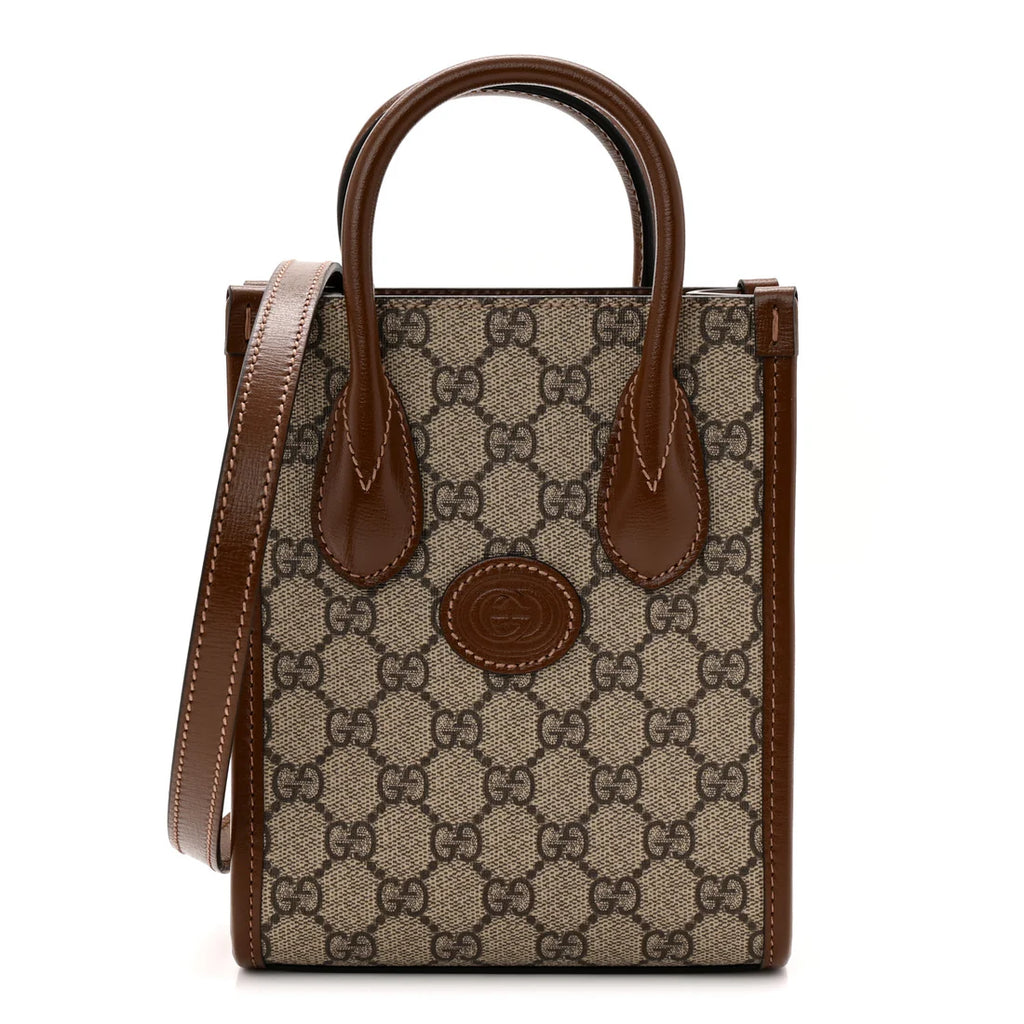 Gucci GG Supreme Monogram Azalea Calfskin Mini Retro Interlocking G Tote Bag Beige Ebony Brown Sugar twins LDJ4200