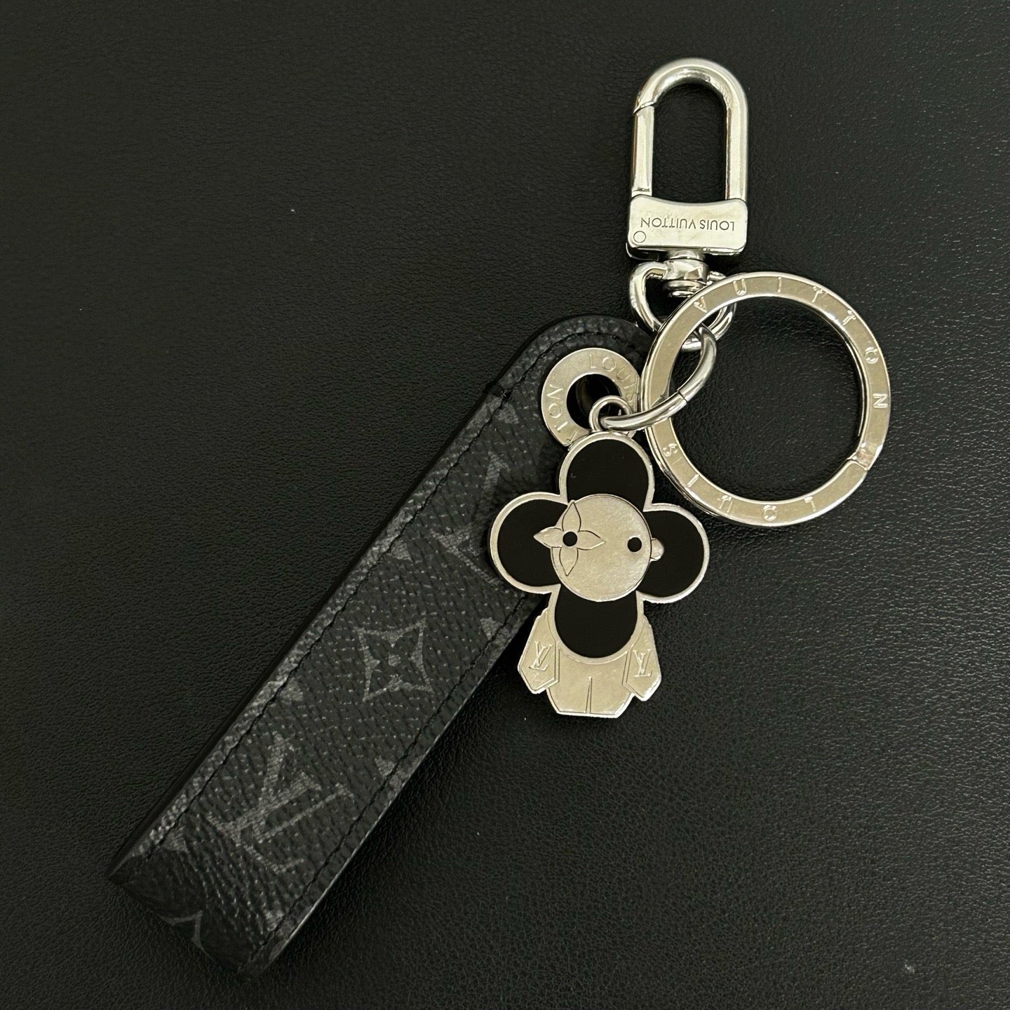 Louis Vuitton Vivienne Doll Key Holder Dark Monogram Eclipse Leather Silver Hardware Twins LDZ444
