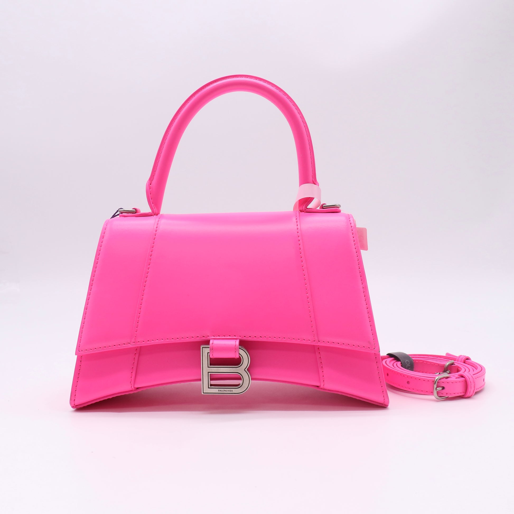 Balenciaga Neon Pink Shiny Box Calfskin Small Hourglass Top Handle Bag Twins LDJ5261